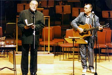 Adrian Henri and Andy Roberts onstage at the Philharmonic Hall in Liverpool